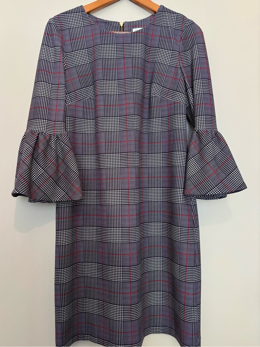 Plaid Bell Sleeve Shift Dress in Black and Red